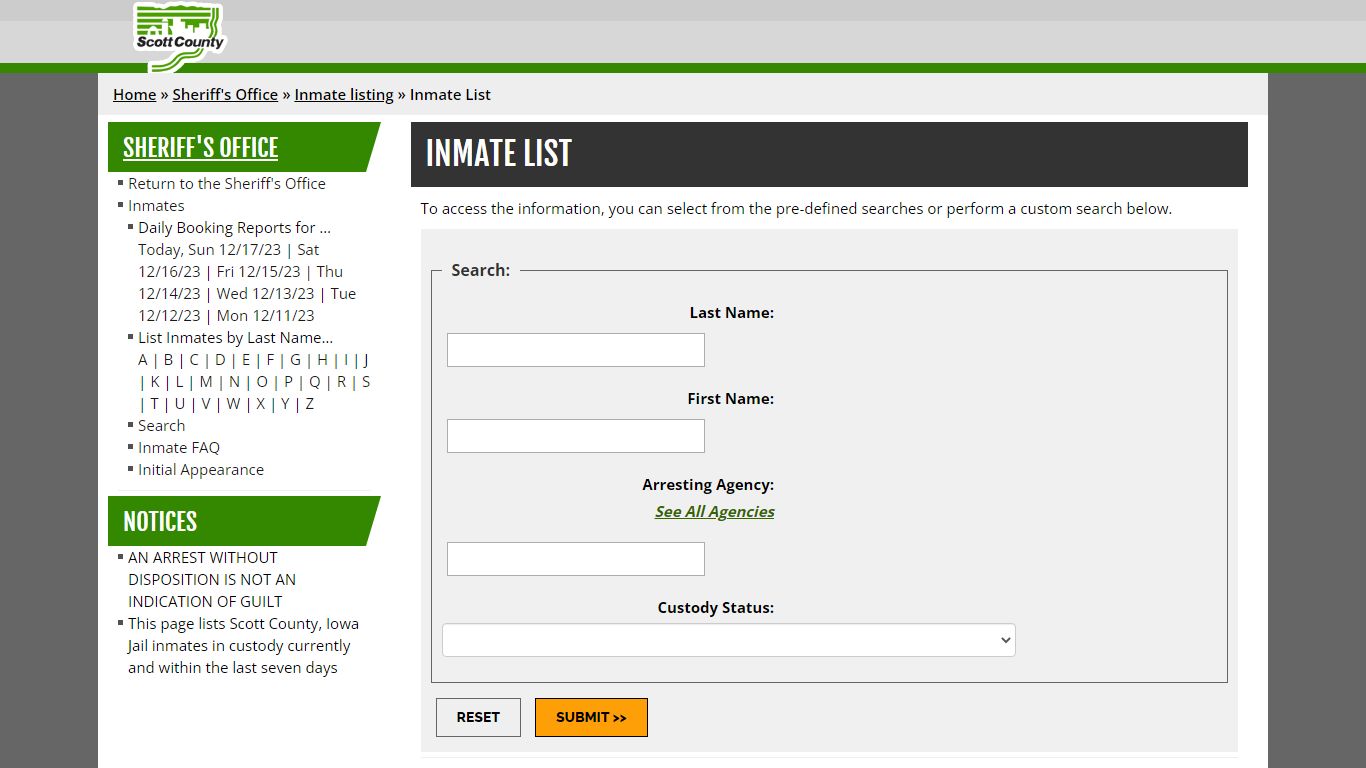 Inmate List - Scott County, Iowa